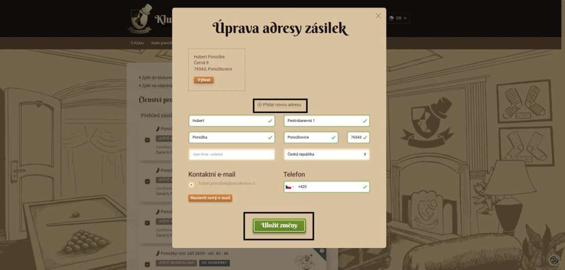 Okénko Úprava adresy zásilek s tlačítkem Přidat novou adresu a rozvinutým formulářem (jméno, příjmení, ulice a č. p., město, PSČ, země) a tlačítkem Uložit změny.