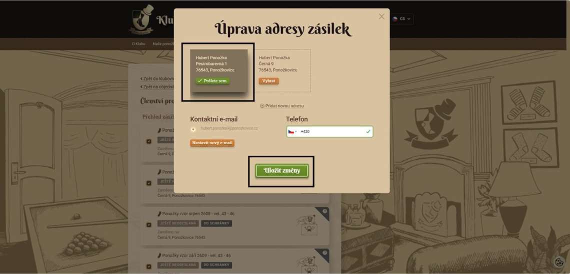 Okénko se dvěma adresami; nová adresa Pestrobarevná 1 je zvýrazněna tlačítkem Pošlete sem, dole tlačítko Uložit změny.