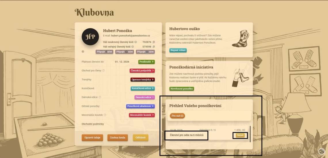 Klubovna s oddílem Přehled Vašeho ponožkování a vyznačeným tlačítkem Detail u členství.